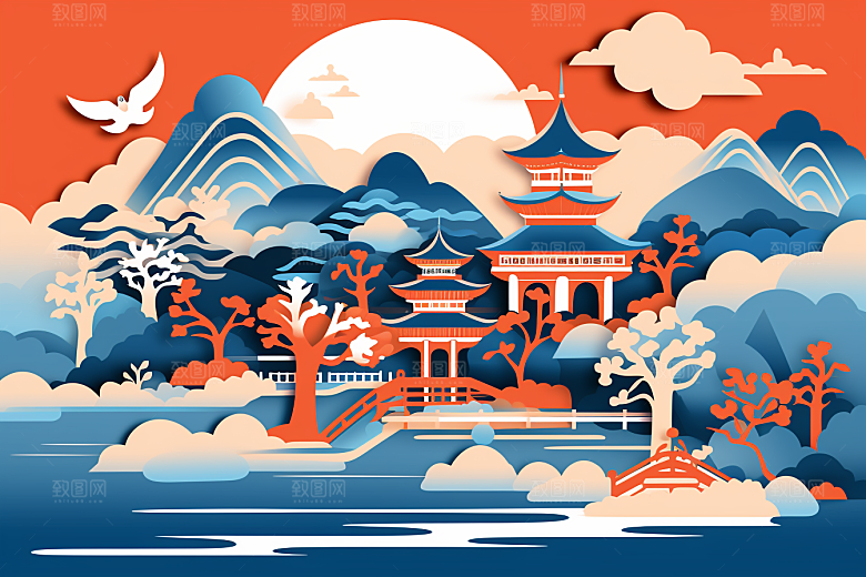 中国风建筑国潮文化剪纸