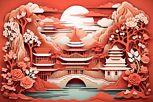 中国风建筑文化层次感剪纸
