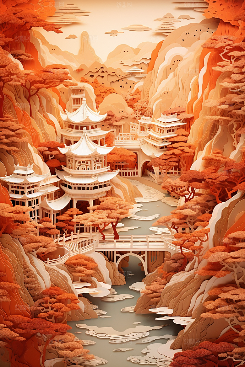 中国风建筑层次感中式剪纸