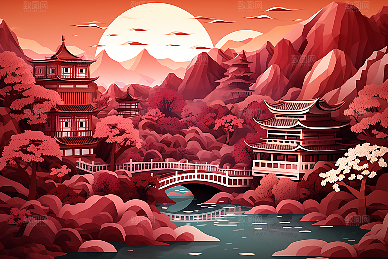 中国风建筑山水传统风格剪纸