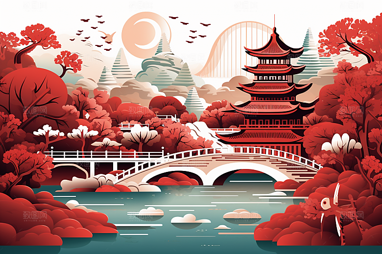 中国风建筑亭台楼阁中式剪纸