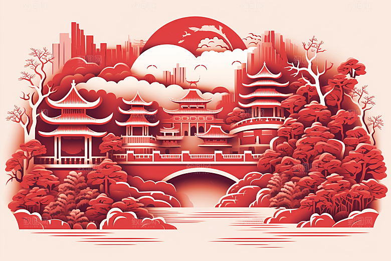 中国风建筑层次感中式剪纸