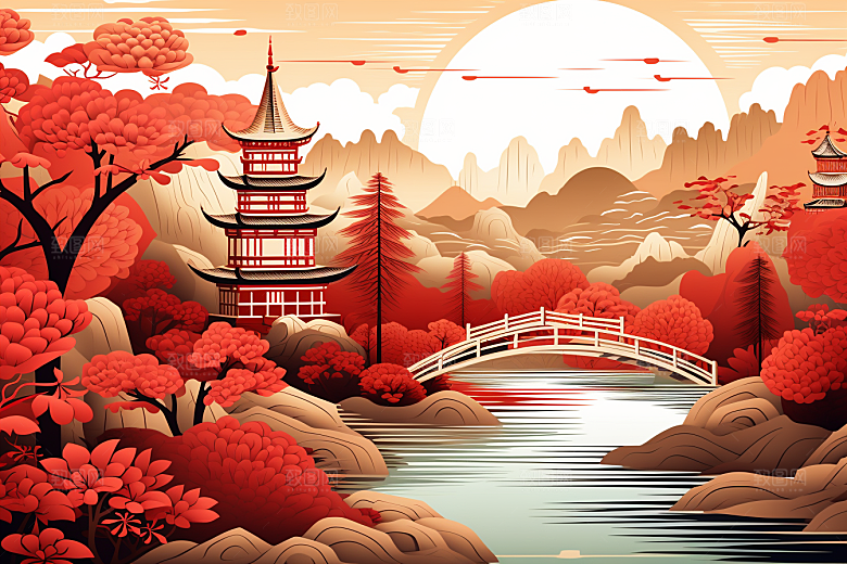 中国风建筑中式山水剪纸