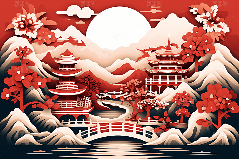 中国风建筑层次感中式剪纸