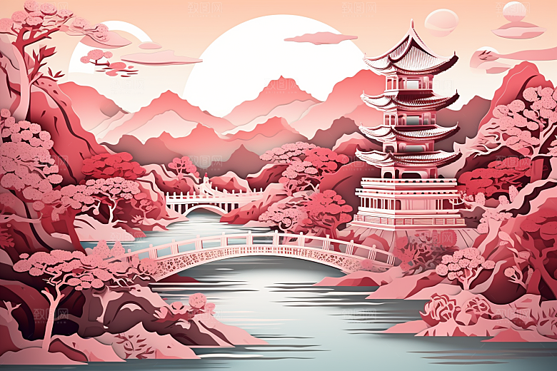 中国风建筑文化山水剪纸