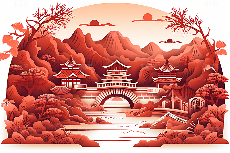 中国风建筑国潮中式剪纸