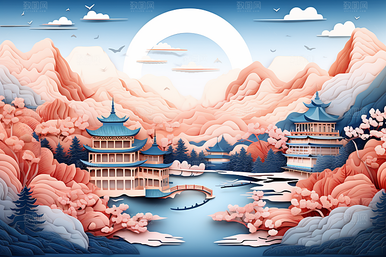 中国风建筑层次感中式剪纸