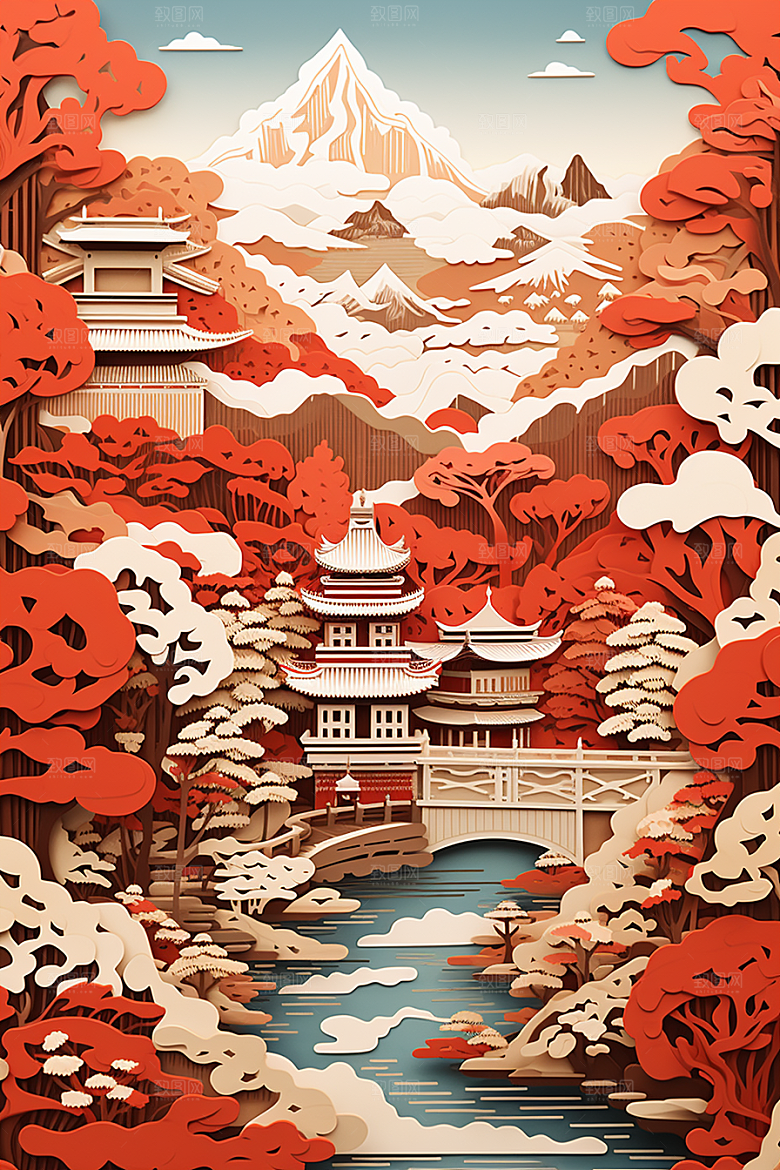 中国风建筑层次感山水剪纸