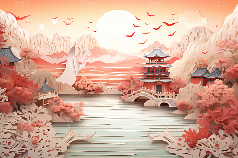 中国风建筑山水文化剪纸