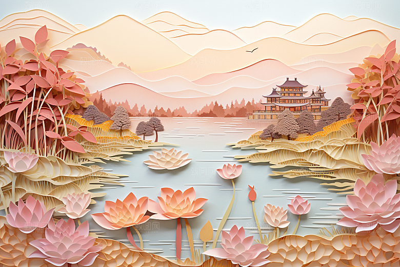 中国风建筑国潮文化剪纸