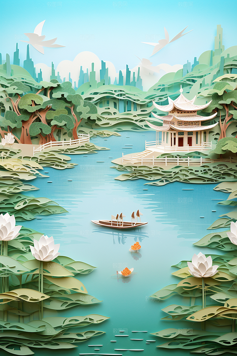 中国风建筑山水国潮剪纸