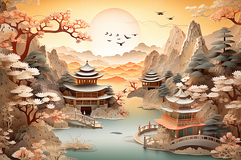 中国风建筑中式亭台楼阁剪纸