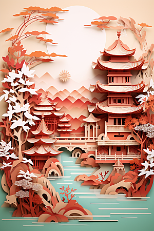 中国风建筑传统风格层次感剪纸