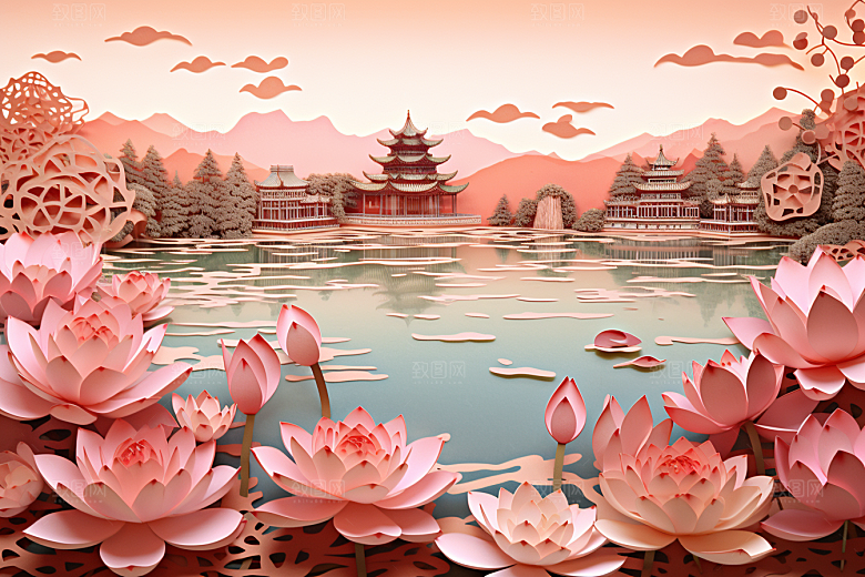中国风建筑山水中式剪纸