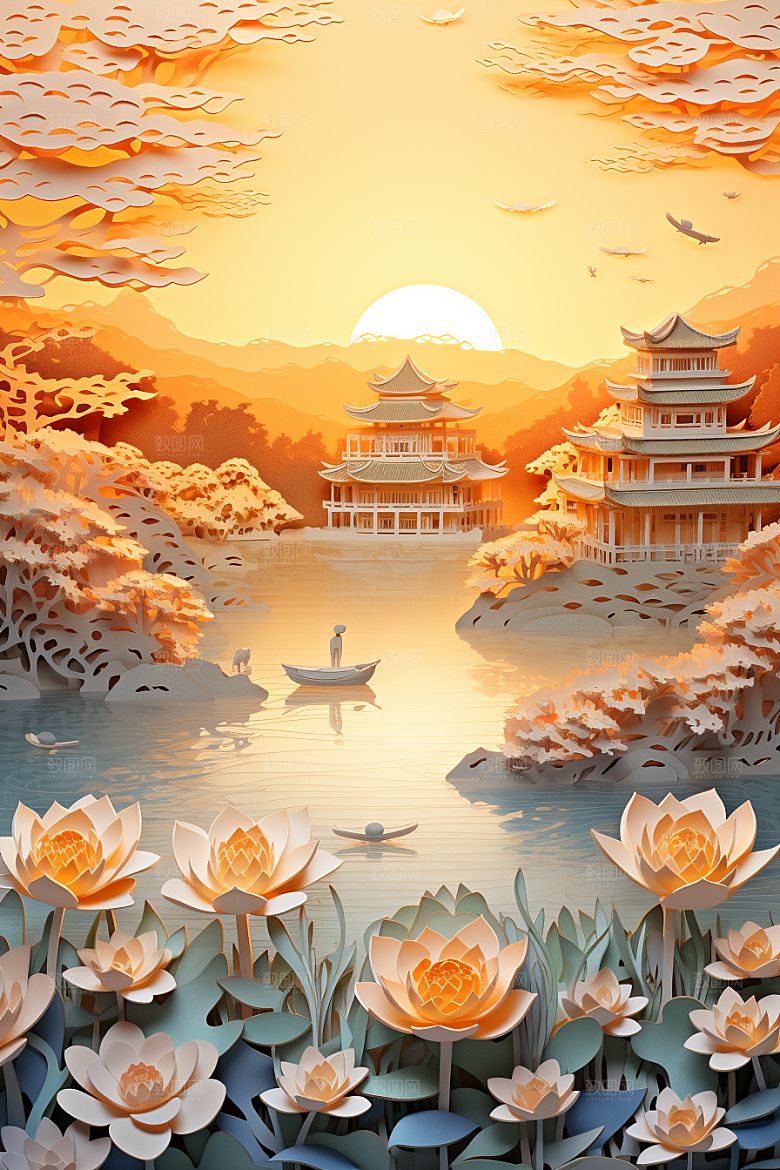 中国风建筑山水国潮剪纸