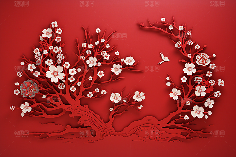 红色梅花新年立体剪纸