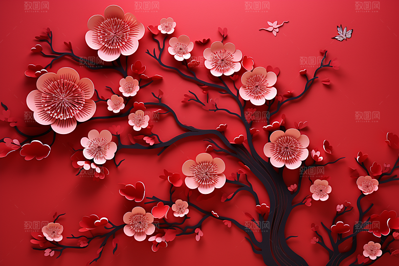 红色梅花纸艺新年剪纸