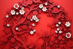 红色梅花传统艺术新年剪纸