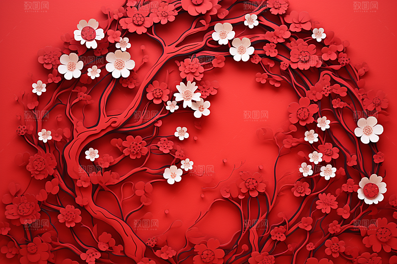 红色梅花传统艺术新年剪纸