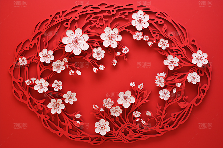 红色梅花新年纸艺剪纸