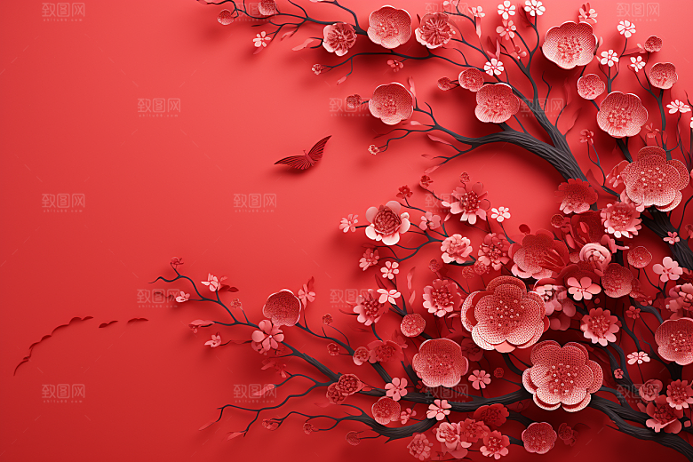 红色梅花传统艺术喜庆剪纸