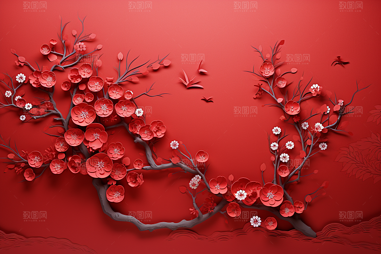 红色梅花新年3D剪纸