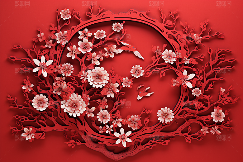 红色梅花传统艺术喜庆剪纸