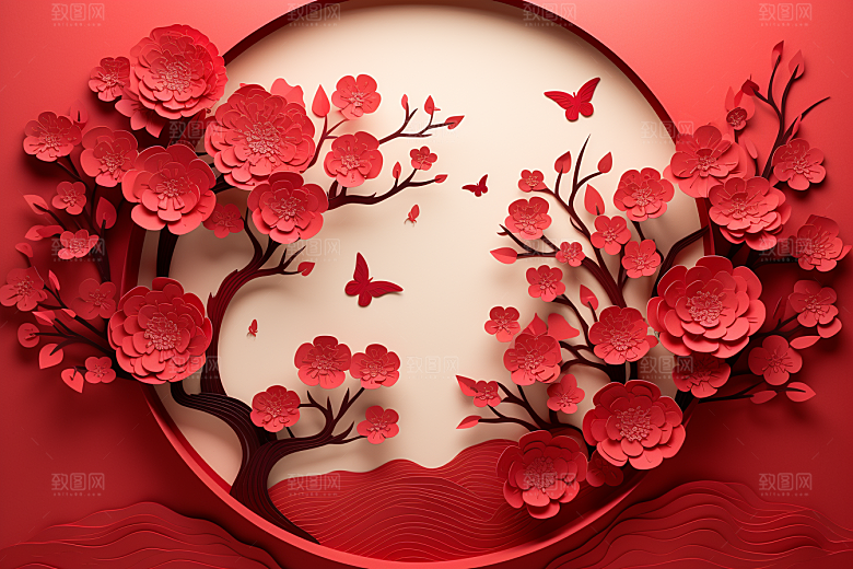 红色梅花立体新年剪纸