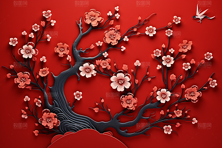 红色梅花红梅立体剪纸