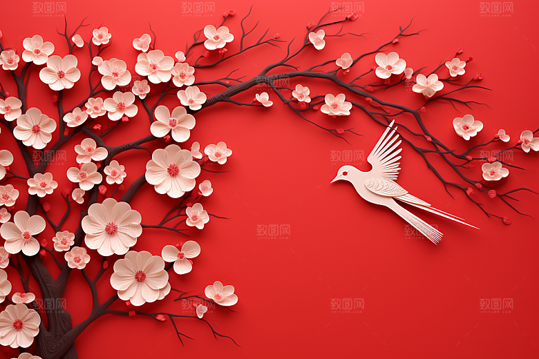 红色梅花3D过年剪纸