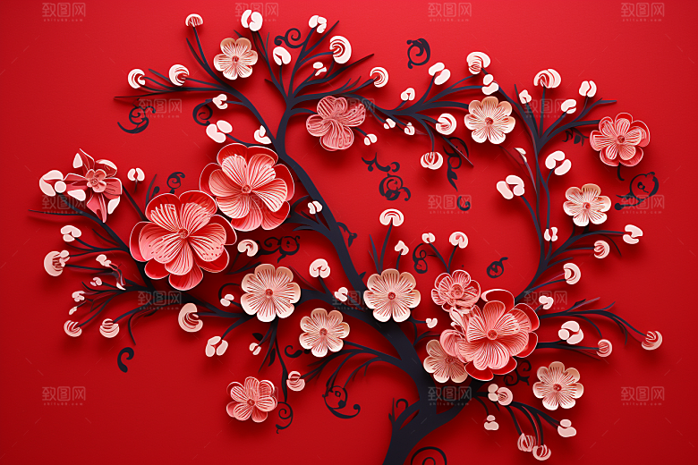 红色梅花喜庆纸艺剪纸