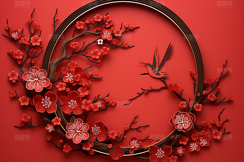 红色梅花春节纸艺剪纸