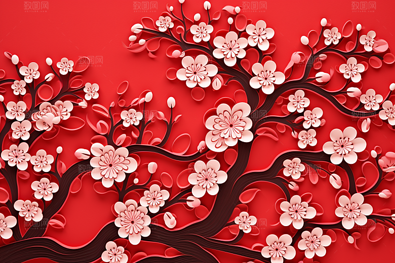 红色梅花喜庆3D剪纸