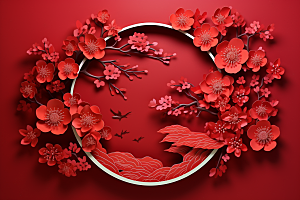红色梅花传统艺术新年剪纸