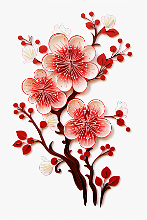 红色梅花立体春节剪纸