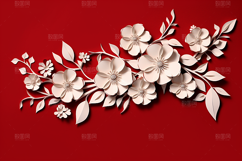 红色梅花3D春节剪纸