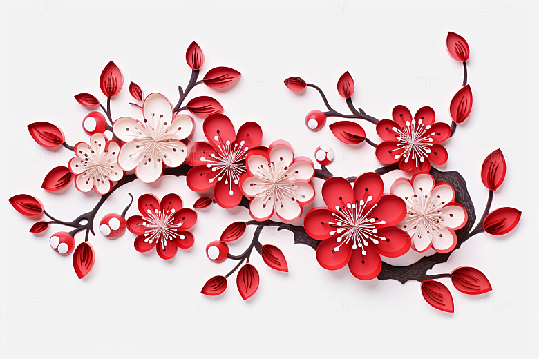 红色梅花纸艺新年剪纸