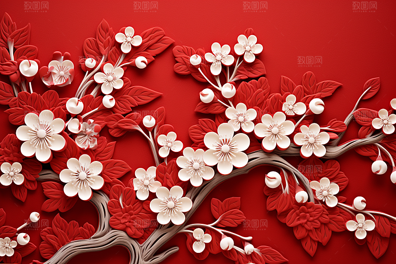 红色梅花红梅新年剪纸