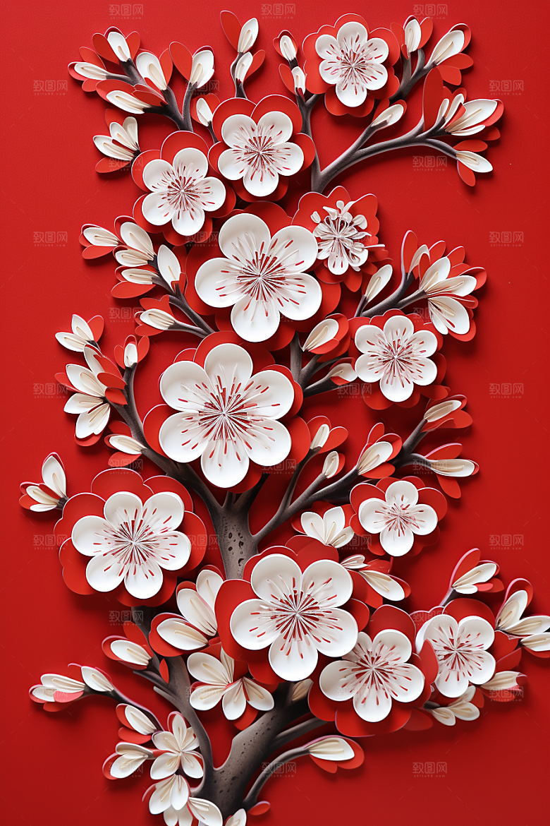 红色梅花纸艺红梅剪纸