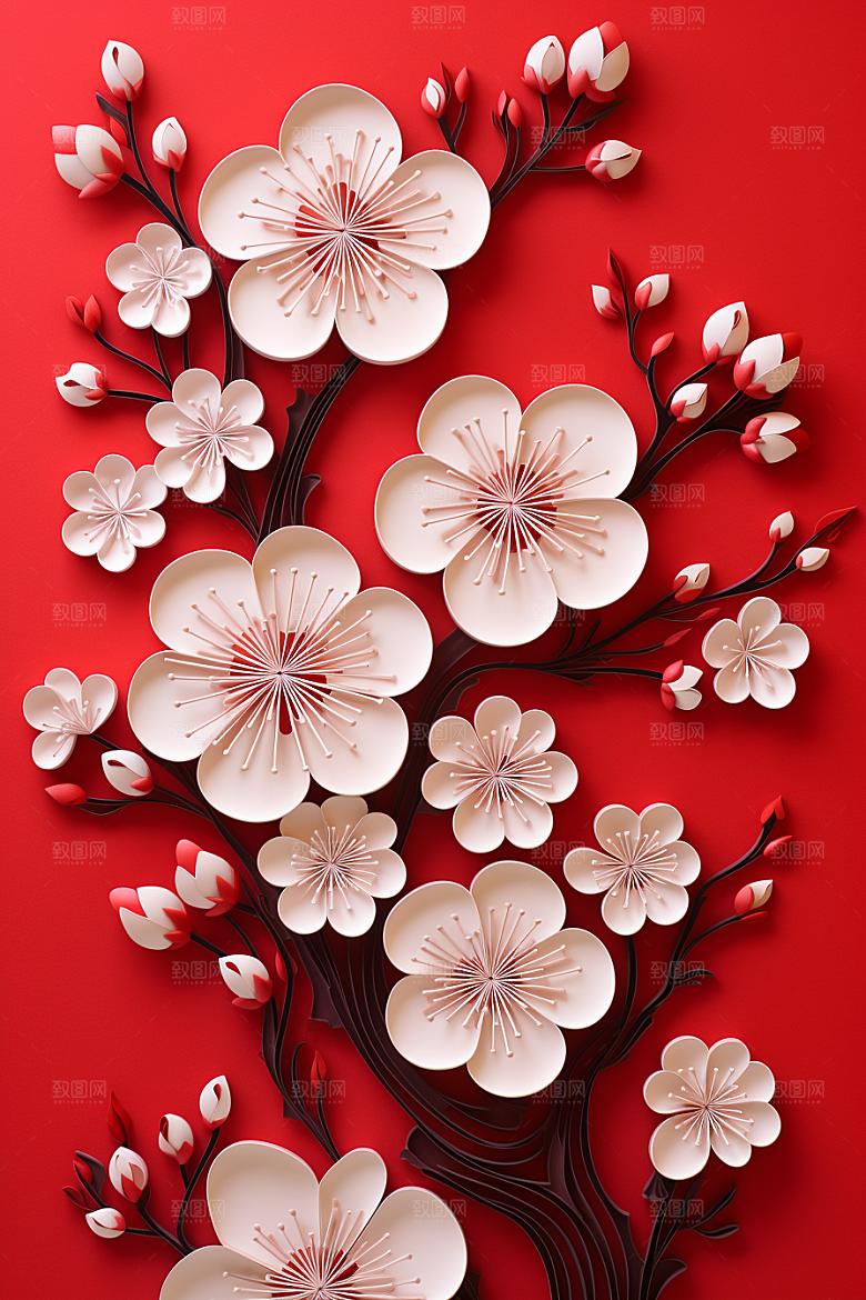 红色梅花过年立体剪纸