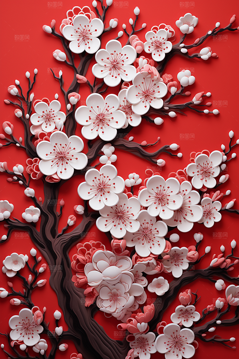 红色梅花新年纸艺剪纸