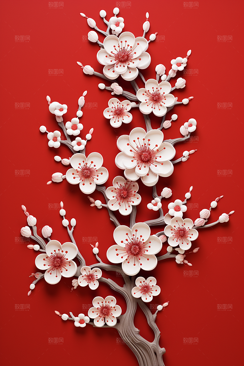 红色梅花纸艺3D剪纸