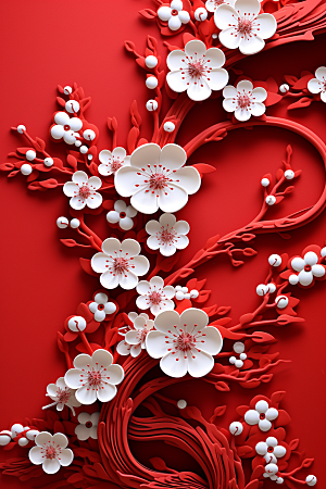红色梅花春节3D剪纸