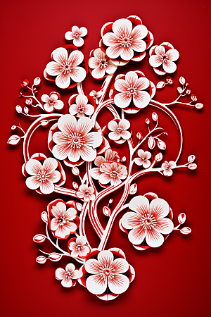 红色梅花3D春节剪纸