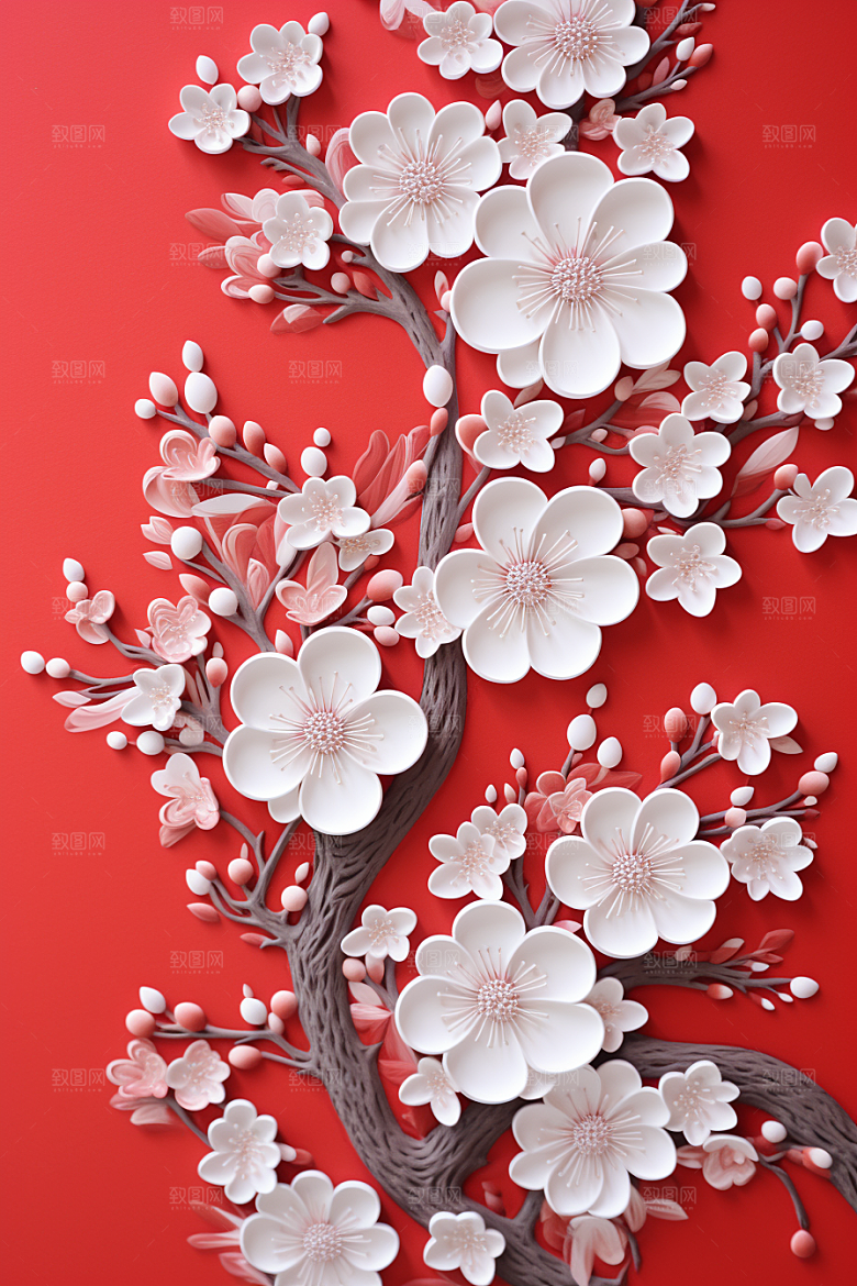 红色梅花立体红梅剪纸