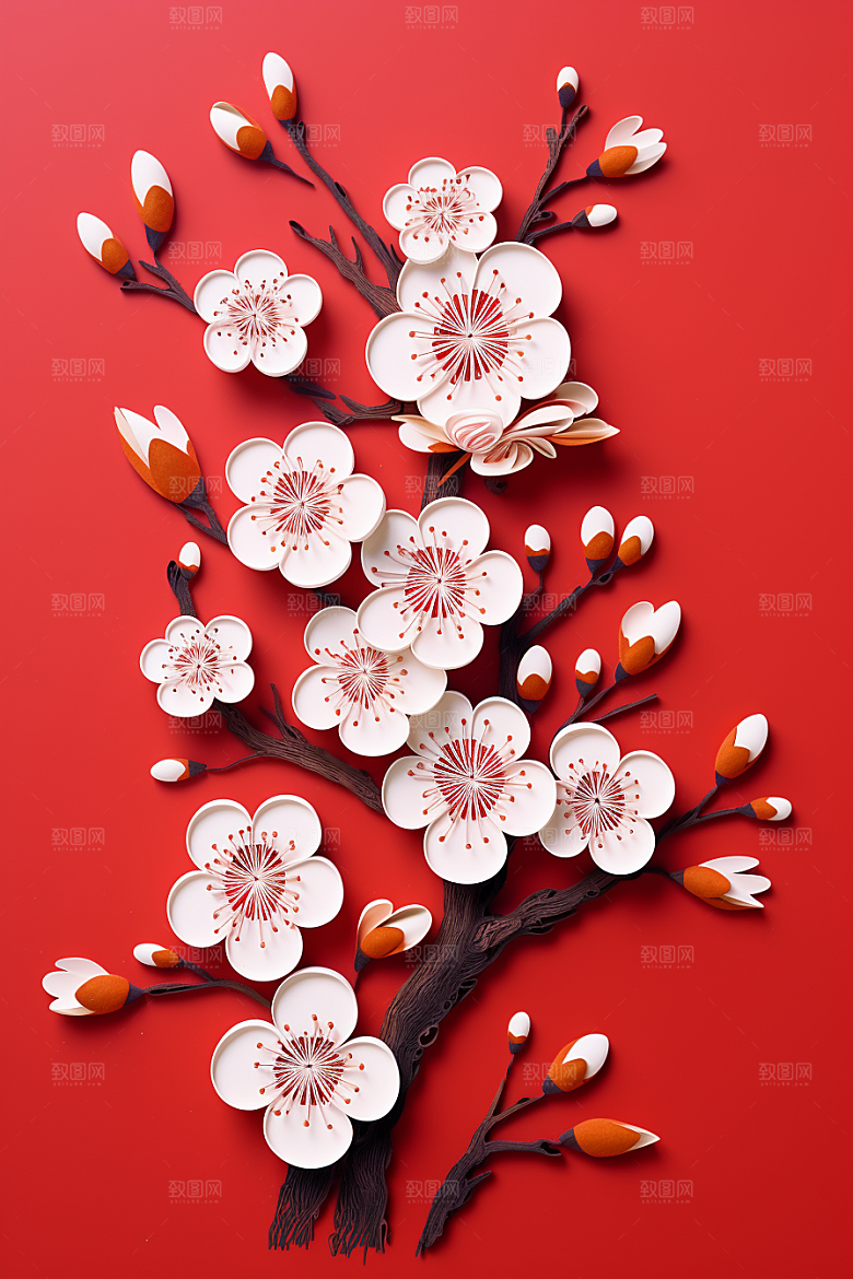 红色梅花红梅新年剪纸
