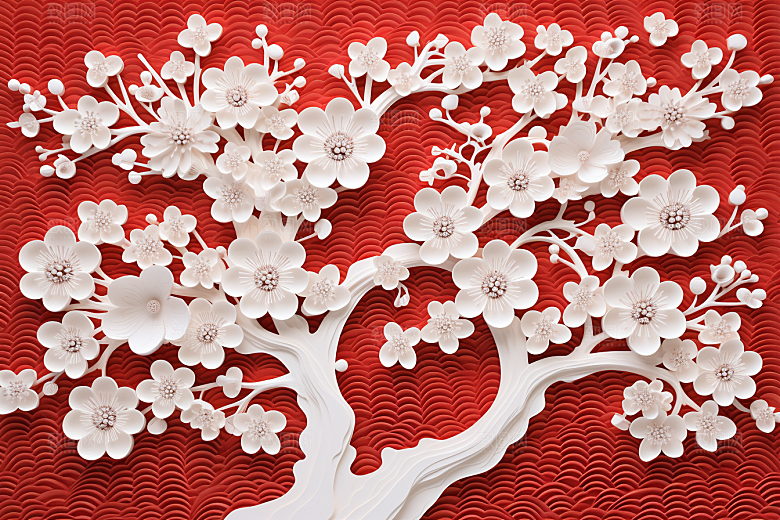 红色梅花3D喜庆剪纸