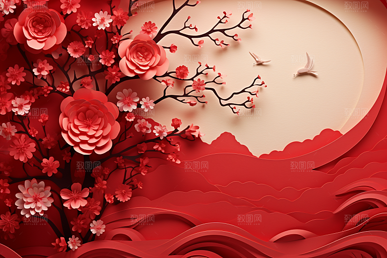 红色梅花传统艺术过年剪纸