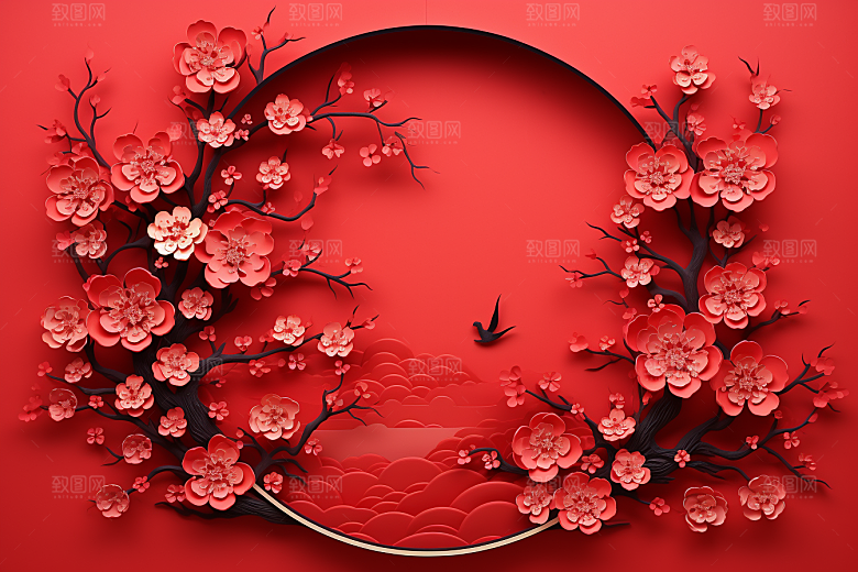 红色梅花春节立体剪纸