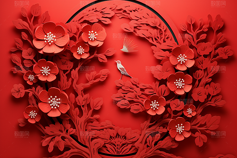 红色梅花喜庆3D剪纸